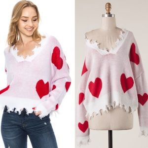 #55 Cozy heart Print Frayed Vday Valentine's Sweater NWOTs